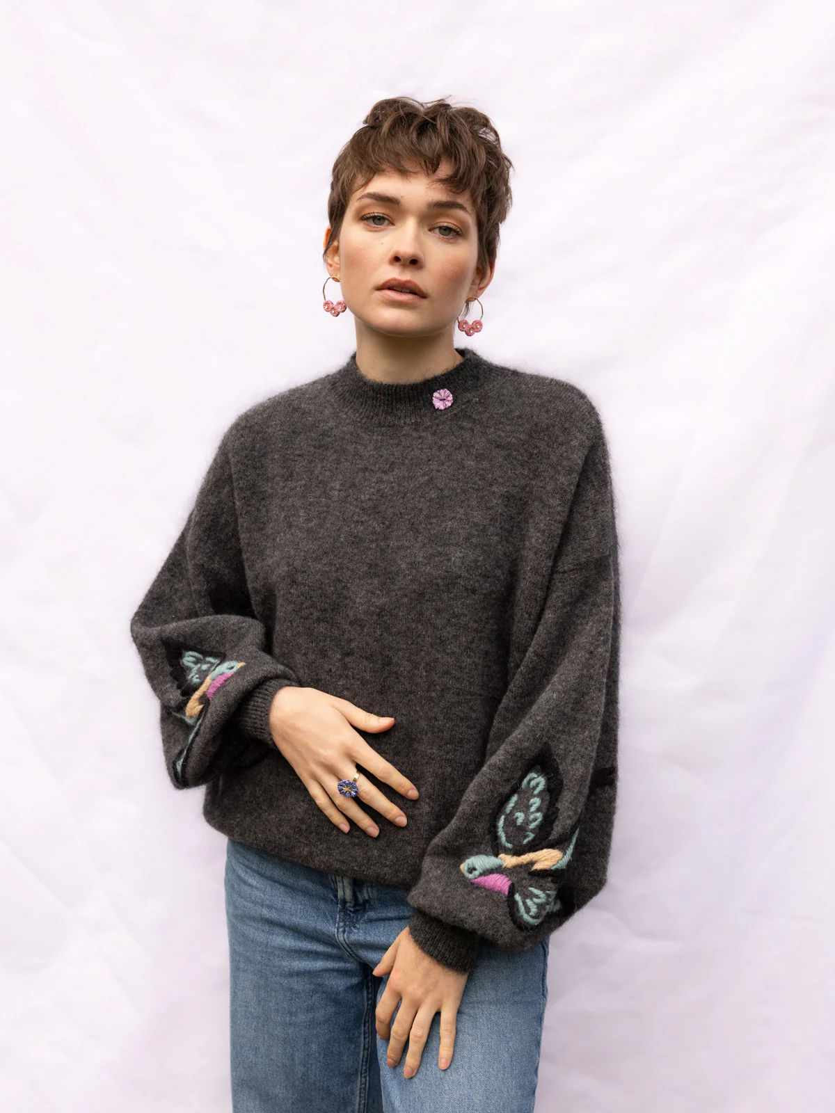 Pull en maille avec oiseau brodé - Image 3